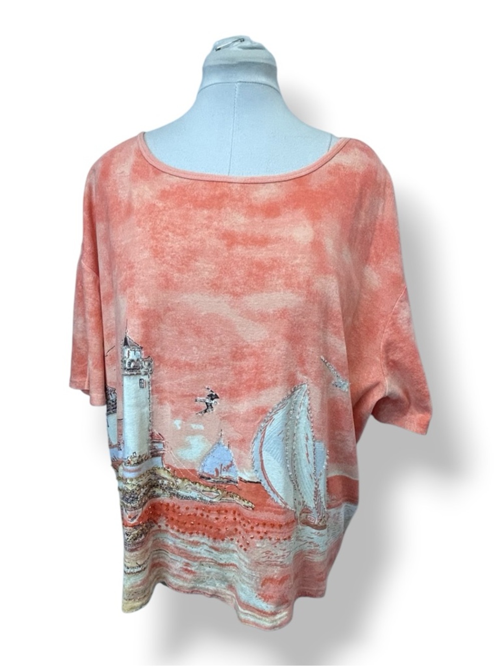 Take Two Women’s Short Sleeve Crewneck Tee Shirt VTG 90s Y2K Coral Boat-Scene 3X